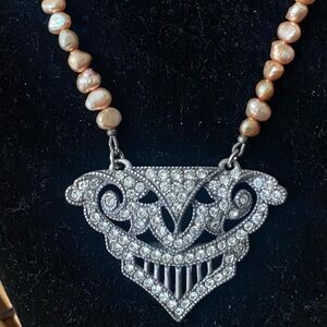 Halley Hill Design Pewter Tone Rhinestone on Peachy Freshwater Pearl Strands